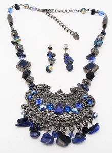 DESIGNER INSPIRED BLUE LAPIS CHIPS CRYSTAL DANGLE NECKLACE & EARRINGS SET NEW - Picture 1 of 2