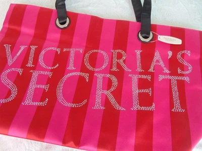 VICTORIA'S SECRET  Large Weekender Tote Bag Rhinestone Logo Pink Red Stripe - Image 1 of 4