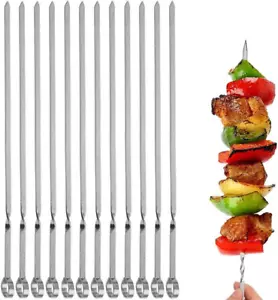 12PCS Kabob Skewers Flat Metal Stainless Steel BBQ Barbecue Skewer 14" Anti-Roll - Picture 1 of 12
