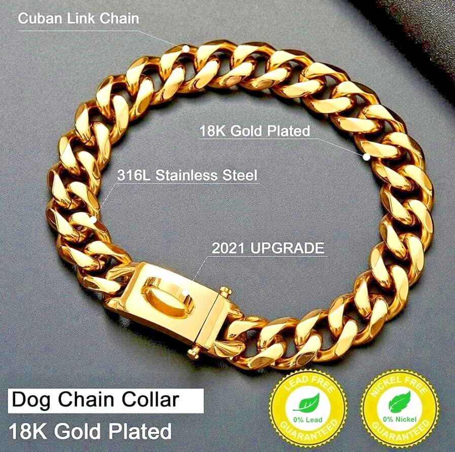 Gold plated Stainless Steel Dog Cuban link Chain Collar Secure Buckle 16 mm 26" - Image 1 of 4