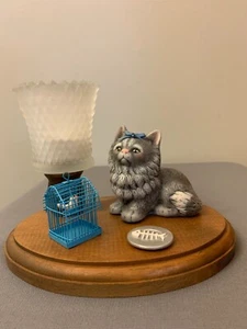 Finished Ceramic Cat with a Bird Cage and Plate Scene with Candle Cup and Candle - Picture 1 of 3