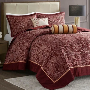 BURGUNDERROT XXL 5 Stck. King Cal BETTSPREAD: 120 x 118 JACQUARD QUILT GOLD SILBER - Bild 1 von 8