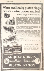 PRINT AD McQuay Norris Piston Rings Antique 1921 Leak Proof Superoyl Plus Extras - Imagen 1 de 2