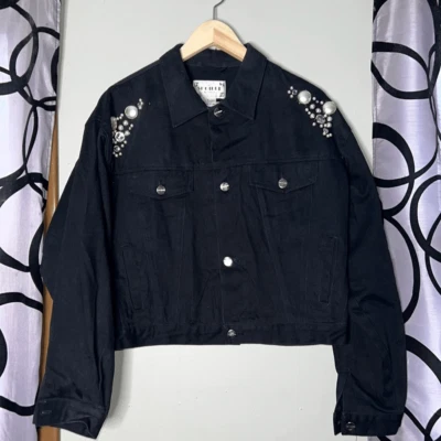 90s vintage black denim jacket, bedazzled gem sparkling jacket coat - Image 1 of 4