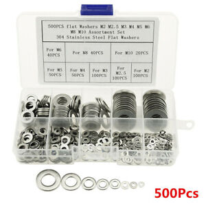 500X Stainless Steel Flat Washers Kit For M2 M2.5 M3 M4 M5 M6 M8 M10 Screws Bolt