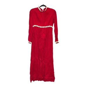 Maxi Dress Velvet Floral Embroidery Zip Long Sleeve Red White Womens Handmade M - Picture 1 of 6