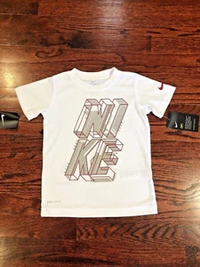 NWT Nike Small Boy Short Sleeve Big Logo Dri-Fit Tee White Size 4 Sticker - Picture 1 of 6