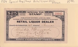 Special Tax Stamp, 1933-34 $25 Retail Liquor Dealer (tack holes) (54185) - Picture 1 of 1