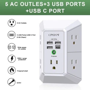 Wall Charger Surge Protector 5 Outlet Extender 4 USB Charging Ports Power Strip - Picture 1 of 8