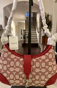 Coach Hamptons Hobo Bag In Signature Textile Jacquard Ruby Silver - Picture 1 of 19