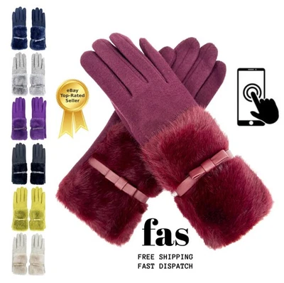 Women Soft Fuzzy Plain Gloves Faux Fur Cuffs with Ribbon Bow Touch Screen Gloves - Image 1 of 3