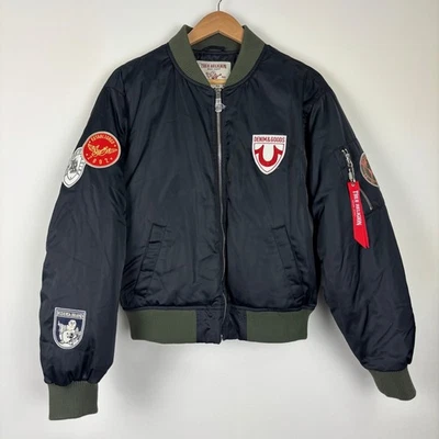 NUEVA Chaqueta Bomber True Religion Mujer Talla Mediana Negra Parche Logo Vuelo Años 90 Y2k Foto 1 de 4