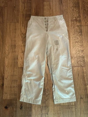 VTG 1950s Cotton Army Khaki Twill Pants Button Fly US NAVY 28x28 Repairs Holes - Image 1 of 4