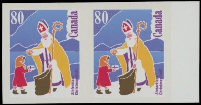 1991, CANADA, CHRISTMAS, RIGHT MARGIN HORIZ IMPERFORATE PAIR, NH, UN.#1341b - Image 1 of 2