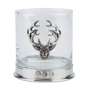 Glass Whisky Tumbler Pewter Stag Deer Badge Metal Home Bar Glass Cocktail Cup - Picture 1 of 1