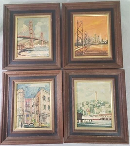 4 dipinti ad olio vintage John Leonard Checkley MCM San Francisco California - Foto 1 di 24