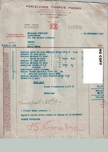 Document du 28/09/1962 Porcelaines CHAPUS Frères LIMOGES 87 - Imagen 1 de 1