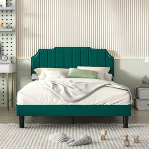 Upholstered Bed Frame Full Queen Platform with Headboard Footboard Wooden Slat - Picture 1 of 56