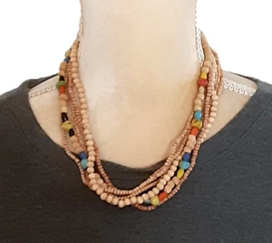Collar Vintage Tribal Bohemio 6 Hilos Madera Cuentas Natural - Imagen 1 de 3