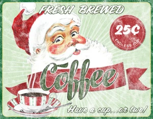 Santa Fresh Brew Coffee Christmas Winter Holiday Classic Retro Metal Tin Sign - Picture 1 of 4