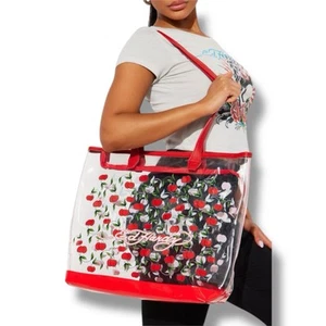 Borsa tote trasparente Ed Hardy ciliegie rosse - 17” x 14” x 6” PVC Y2K doppio manico nuova con etichetta - Foto 1 di 5