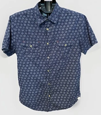 FREE PLANET Mens L Blue Button Up Shirt Short Sleeve Floral Pattern Pocket Cotto - Image 1 of 4