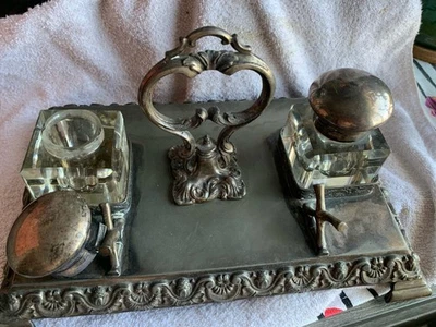 Juego de escritorio JD&S Art Deco plateado tintero estampado 15188 W vidrio Foto 1 de 4