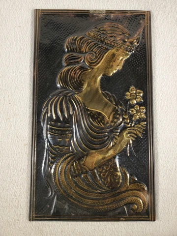 Vtg Raised Russian USSR Copper Wall Hanging Plaque Russian Girl & Flowers 1980's Cover