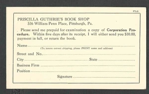 Ca 1926 PC PITTSBURGH PA PRISCILLA GUTHERIES BOOK SHOP CORP VERFAHREN, UNBESPIELT - Bild 1 von 1