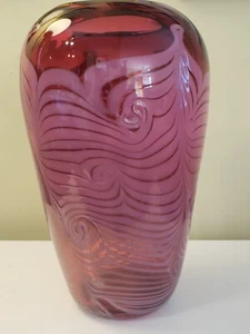  Cranberry Glass Vase with Swirls Artist Signed  Bruce Freund  11 1/2 "   - Picture 1 of 6