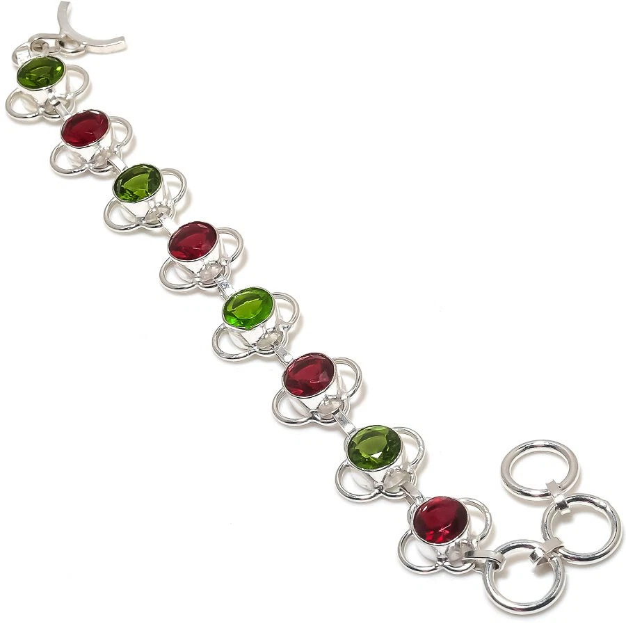 Garnet Peridot Quartz Gemstone Silver Plated Bracelet Jewelry 7-8" - Image 1 of 1