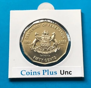 2001 - 50 Cent Centenary of Federation Tas Coin in 2x2 Holder - Unc - Picture 1 of 2
