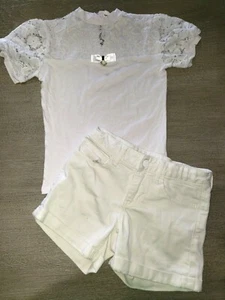 GAP KIDS solid white 8 REG MIDI SHORTS top EYELET LACE SLEEVES BOW PEARL TRIM CU - Picture 1 of 2