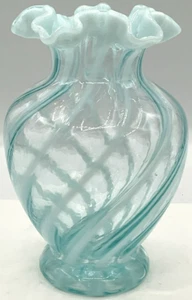 Vintage 6 1/2 Fenton Teal Blue Ruffled Vase Spiral Swirl Optic Cameo Opalescent - Picture 1 of 7