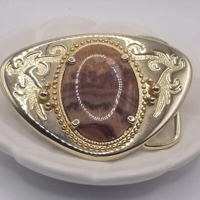Hebilla de cinturón vintage en tono dorado con piedra de ágata marrón A7 Foto 1 de 4