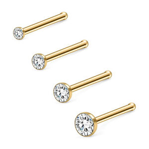 Nose Stud Stainless Steel Gold Clear Gem Bone Pin L-Shape Pin Straight Piercing 
