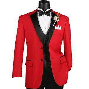 VINCI Men's Red 4pc Tuxedo w/ Sateen Lapel, Trim, Adj Waist & Bow Tie - NEW - Picture 1 of 4