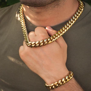 Pacchetto Bracciale Choker/Bracciale Catena Oro Giallo 18k Miami Maglia Cubana - Foto 1 di 2