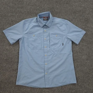 Simms Shirt Mens Small Blue Double Haul Performance Fishing Fish Hike Camp Logo - Picture 1 of 9
