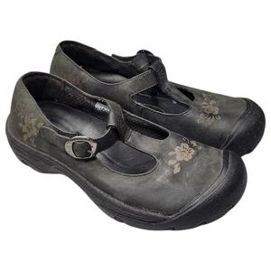 Keen Womens Mary Jane Shoes Size 7 Black Leather Floral Slip On Walking Cottage - Picture 1 of 6