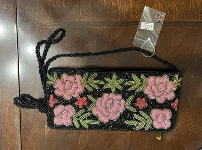 Vintage Beaded Zippered Purse Black With Pink Floral Design Crossbody Strap - Image 1 of 4