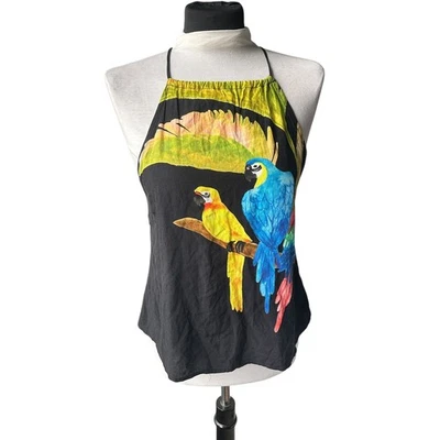 Farm Rio Top Parrot Print Halter Summer Tropical Vacation Beach Petite Resort - Image 1 of 4