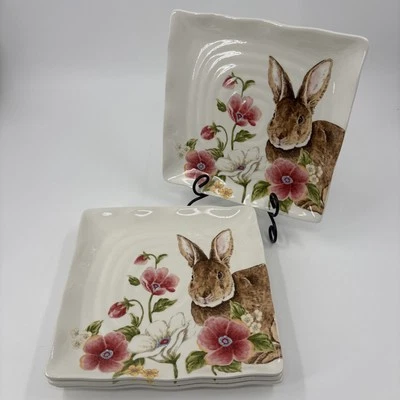 NEW! Maxcera Square Spring Easter Bunny Floral Dinner Plates Set of 4 (11“) - Image 1 of 4