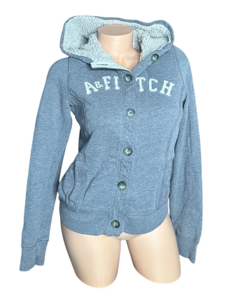Abercrombie & Fitch Sz L Hoodie Jacket Sherpa Fur Lined Logo Gray Heavy Y2K Vtg - Image 1 of 4