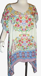 Blusa túnica Johnny Was hermosa con estampado floral dobladillo diente de tiburón talla L busto 48 - Imagen 1 de 10