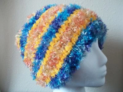 Hand knitted fuzzy striped bulky beanie/hat, yellow/blue - Image 1 of 4