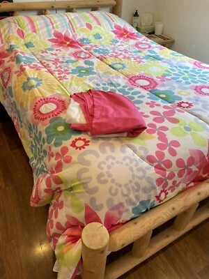 Comforter Bedskirt Set FULL DOUBLE SIZE BED Flower Power PINK BLUE GREEN YELLOW - Image 1 of 4
