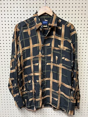 Vintage Casa Moda Mens Shirt Medium Black Brown Striped Button-Up Disco Rayon - Image 1 of 4