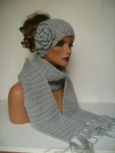 LIGHT GRAY FLOWER MESSY BUN HAT AND SCARF SET BEANIE SKULL CAP HAND MADE CROCHET - Picture 1 of 6