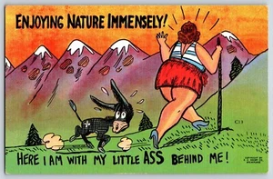 Postcard Woman Hiking With Donkey Enjoying Nature Immensely Comic Humor Linen - Picture 1 of 2